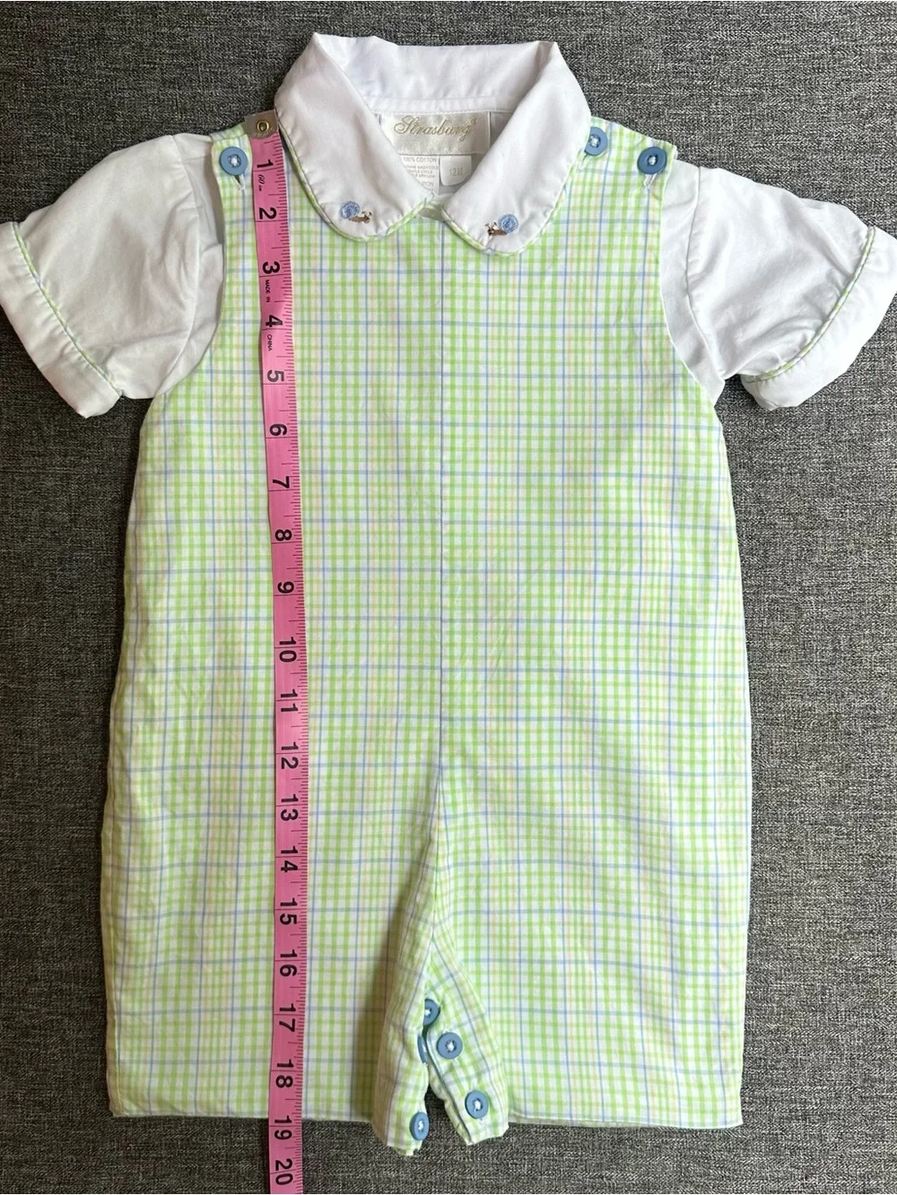 Strasburg Baby Boy Cotton John John Snail Shirt Set Blue Green White Plaid 12
